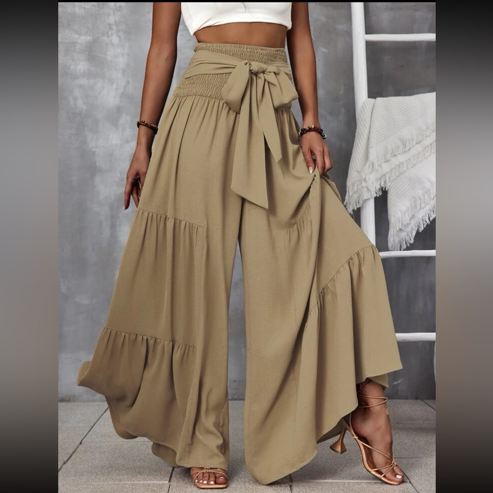 Boho belted high waist palazzo wide leg lounge pants